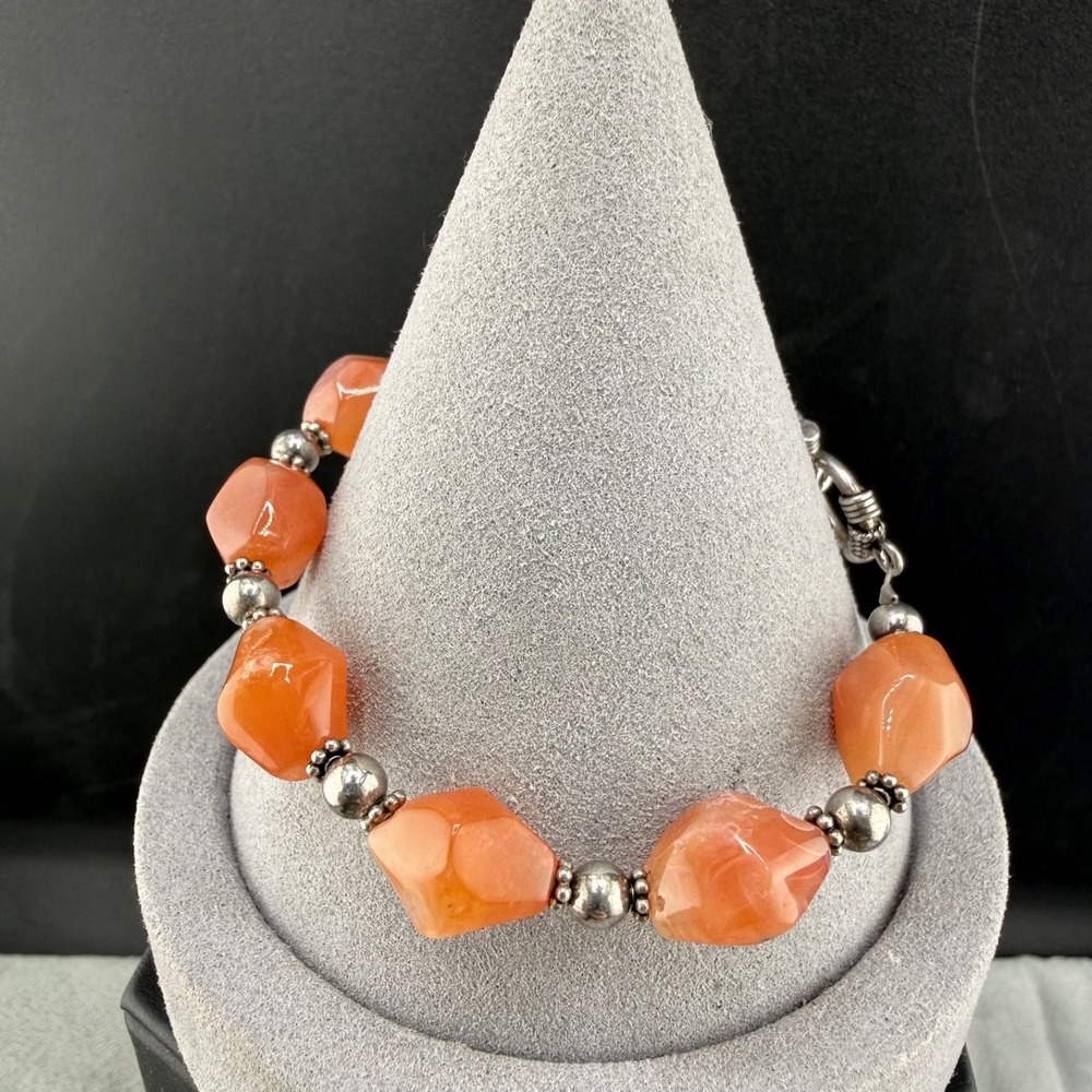 Vintage Estate Bracelet Orange Polished Stone Toggle Silver Tone 7"